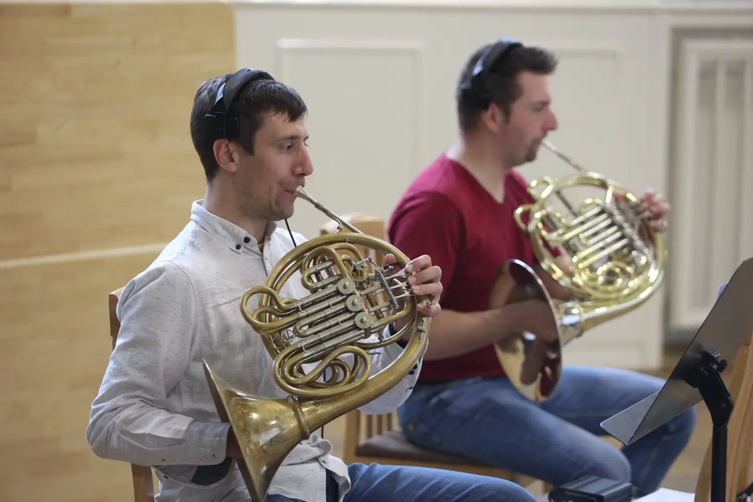 French horns recording in the hall